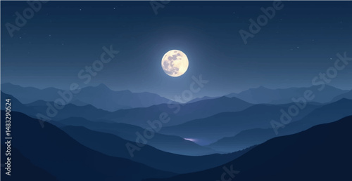 Full moon shining over mountains in a peaceful night landscape
