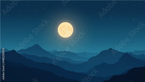 Full moon shining over mountains in a peaceful night landscape