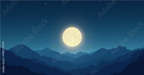 Full moon shining over mountains in a peaceful night landscape