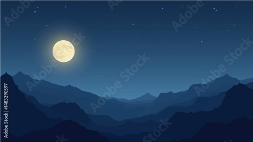 Full moon shining over mountains in a peaceful night landscape