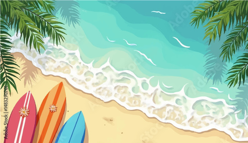 vector illustration of multiple surfboards lined up vertically along the bottom edge of the image, with a top-down view of clear blue ocean water in the background. The water has light reflections 