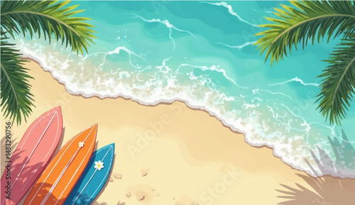 vector illustration of multiple surfboards lined up vertically along the bottom edge of the image, with a top-down view of clear blue ocean water in the background. The water has light reflections 