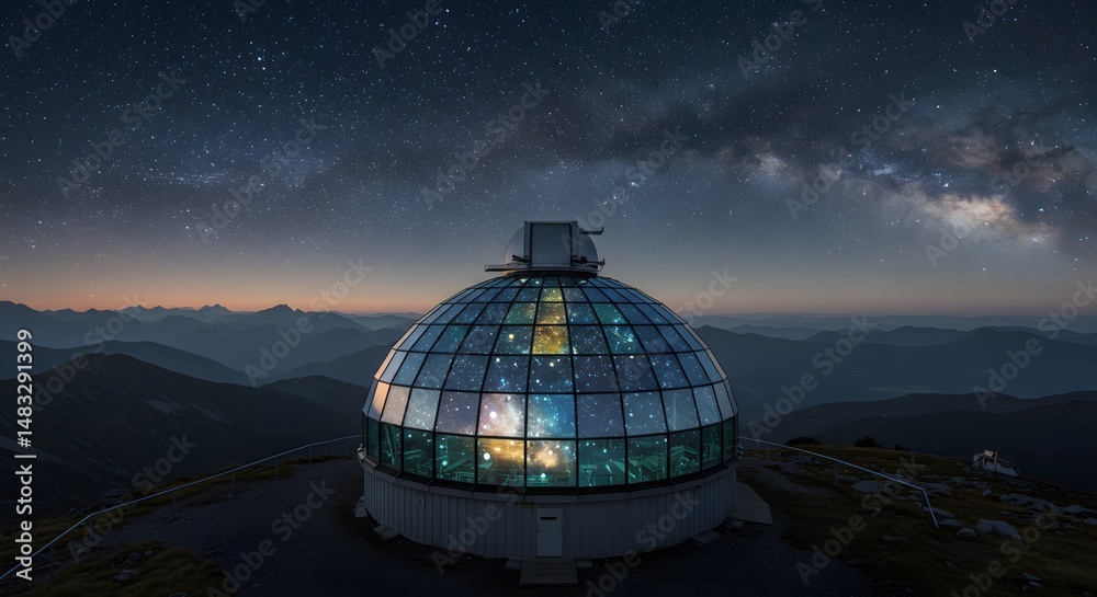Fototapeta premium Aerial view of glass dome observatory under starry sky on top of a mountain range