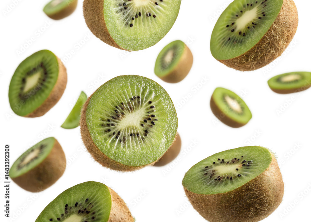 Fototapeta premium Kiwis falling mid-air isolated on a transparent background.