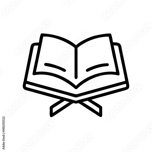 Open book with pages visible on a stand in simple line art style  
