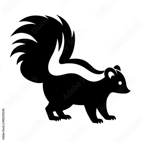 Minimalist black silhouette of a skunk with raised bushy tail