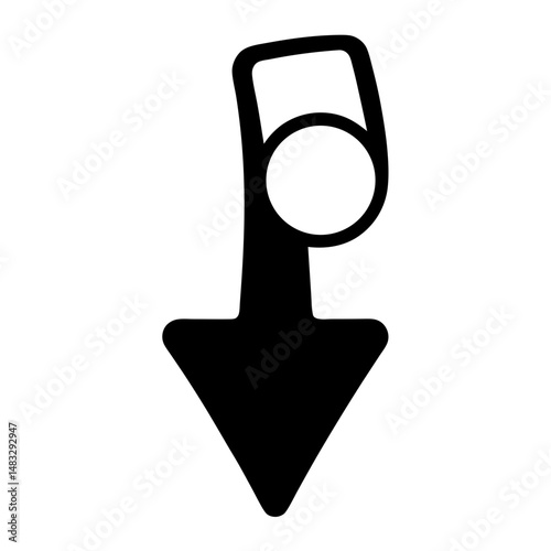 Simple black downward pointing arrow with loop and circle graphic element