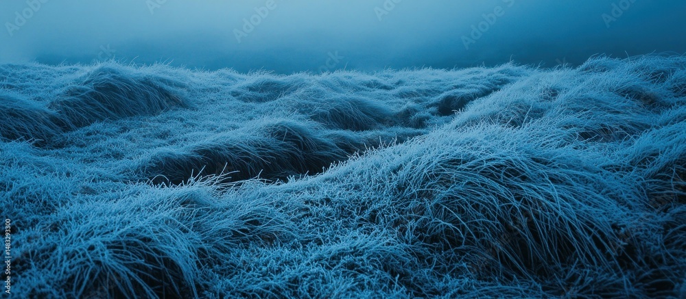 Obraz premium Frosty field at dawn, frozen grass, mist, nature