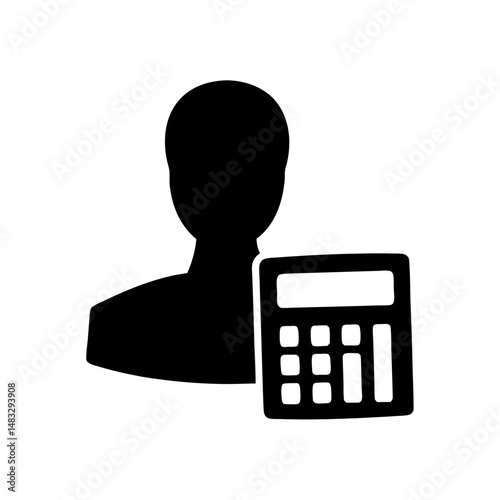 Silhouette of a person standing next to a calculator, representing accounting