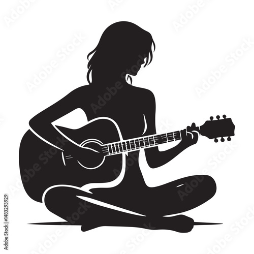 silhouette of a person playing guitar, simple black and white editable vector