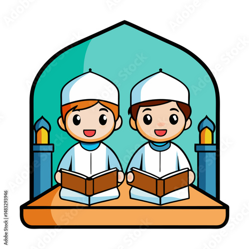 Cute Cartoon muslim boy reading quran book in mosque vector design