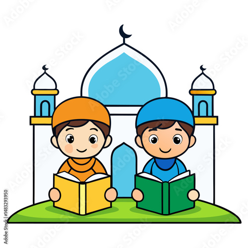 Cute Cartoon muslim boy reading quran book in mosque vector design