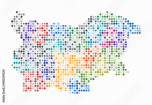 Bulgaria, shape of the country build of colored cells. Digital style map of the Bulgaria on white background. Small size circle blocks. Abstract vector illustration.