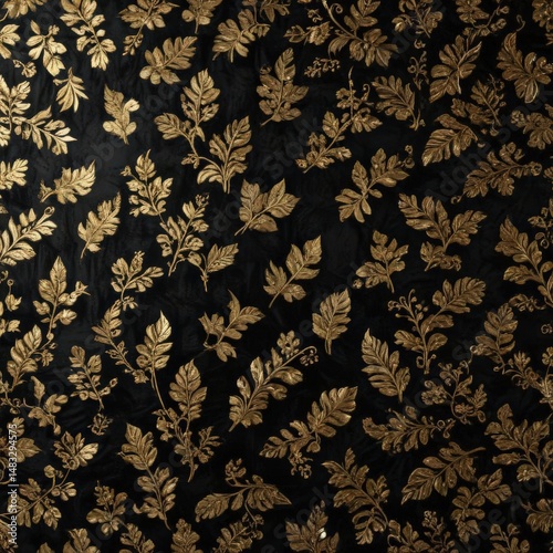 Black velvet background with gold leaf pattern, shimmering accents , leaf, shiny