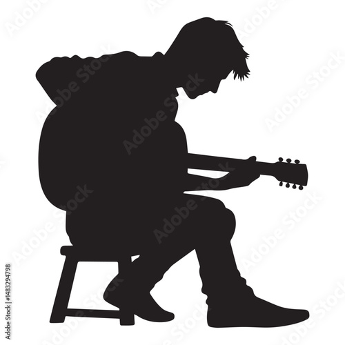 silhouette of a person playing guitar, simple black and white editable vector