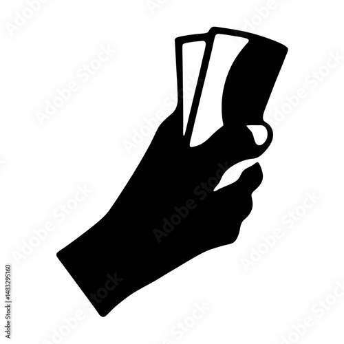 Hand holding three cards in a stylized black and white illustration