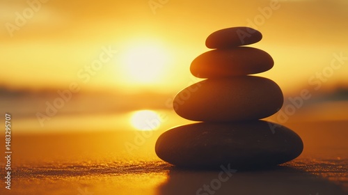 Stacked stones at sunset on beach