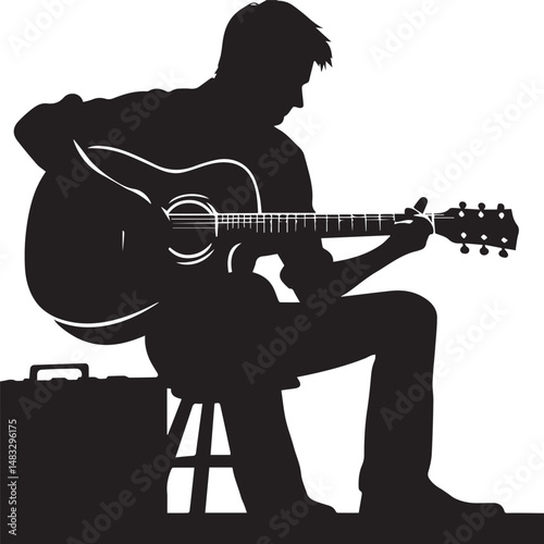 silhouette of a person playing guitar, simple black and white editable vector