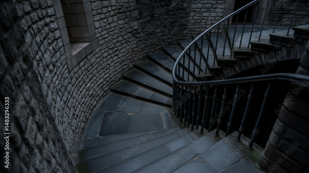 Obraz premium A dark, atmospheric photograph of a curved stone staircase in a medieval castle