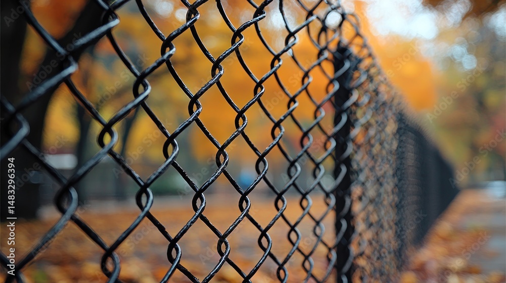 Fototapeta premium Close-up of a chain-link fence, autumn leaves blurred in the background. Fall colors visible through the mesh