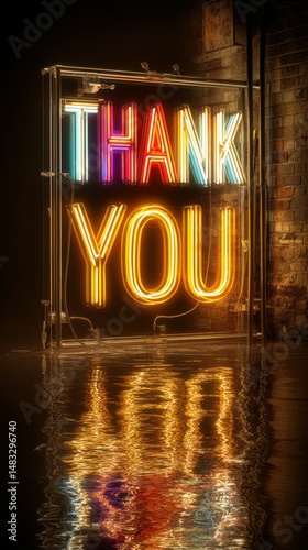 Bright neon thank you sign reflected in water on a dark urban backdrop at night