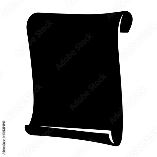 Simple black silhouette illustration of an unrolled scroll with curling edges