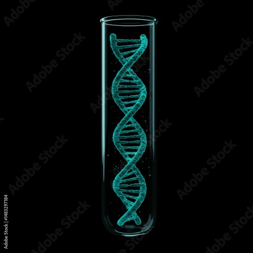 Teal DNA Strand in Glass Test Tube on Black Background