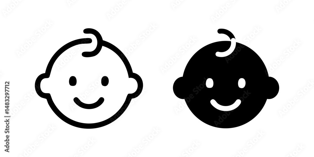 Naklejka premium Baby icon. Smiling infant face with small curl vector illustration. Childcare and early childhood symbol. Cute and joyful expression sign. Adorable young kid pictogram.