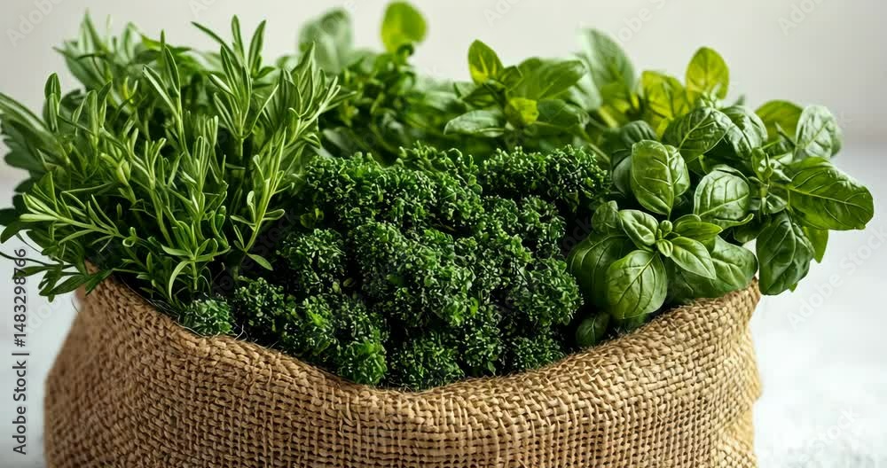 Fresh herbs in a burlap sack, ready for cooking or garnishing.