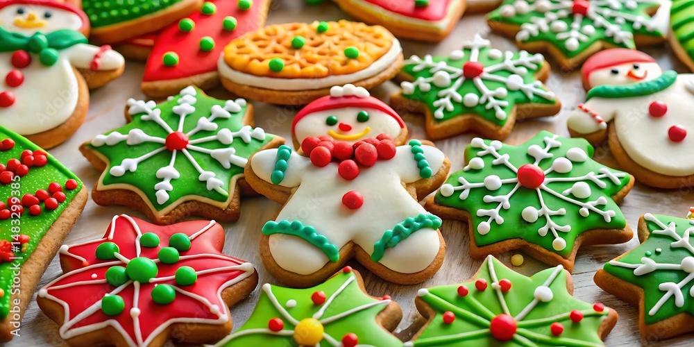 Fototapeta premium Closeup of Colorful Icing Decorated Christmas Cookies
