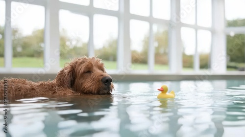 Playful dog swimming in a bright indoor pool, golden retriever enjoying water play, perfect for pet care and leisure themes.