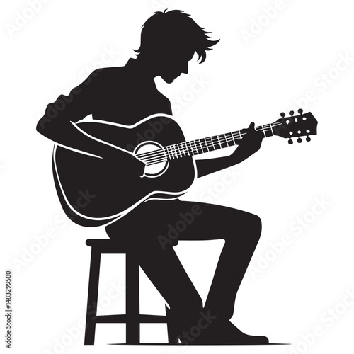 silhouette of a person playing guitar, simple black and white editable vector