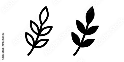 Leafy branch icon. Nature botany symbol. Eco plant sign with stylized leaves. Garden twig pictogram in outline and solid styles.