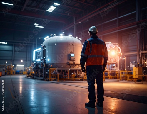 Male Engineer Inspects Large Industrial Machine