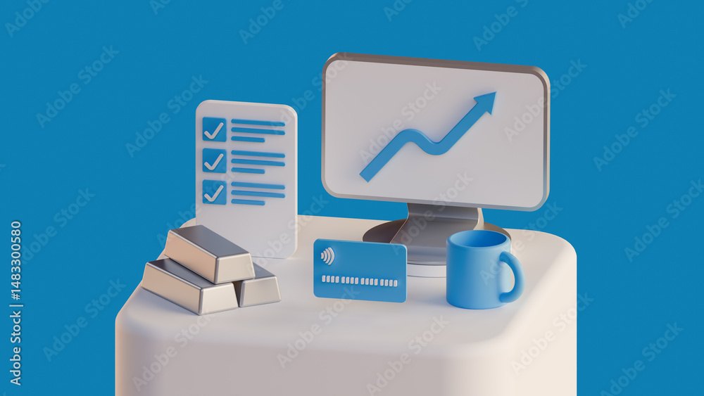 Obraz premium 3d illustration with business concept. financial growth, fulfillment business tasks, savings in non-ferrous metals, universal bank card. investment infographics in isometric minimalist style, 4K