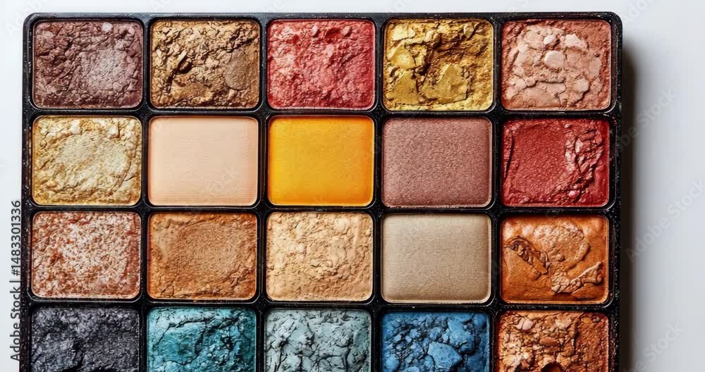 Overhead static shot: A colorful eyeshadow palette with various shades and textures is displayed on a white background.