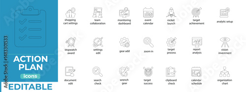 Minimal line icons for action plans, project strategy, and business planning with clean, modern, and editable vector design