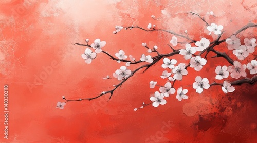 In japanese patterns, an elegant cherry blossom branch is set against a red wall