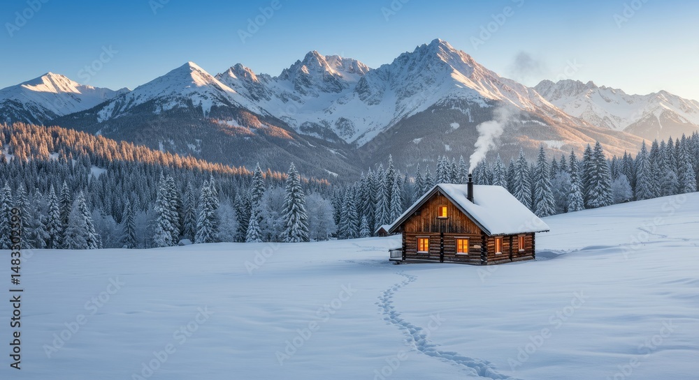 Fototapeta premium Winter Cabin Mountain Escape - Secluded wooden cabin nestled in a snowy mountain valley, symbolizing peace, tranquility, winter wonderland, escape, and cozy comfort