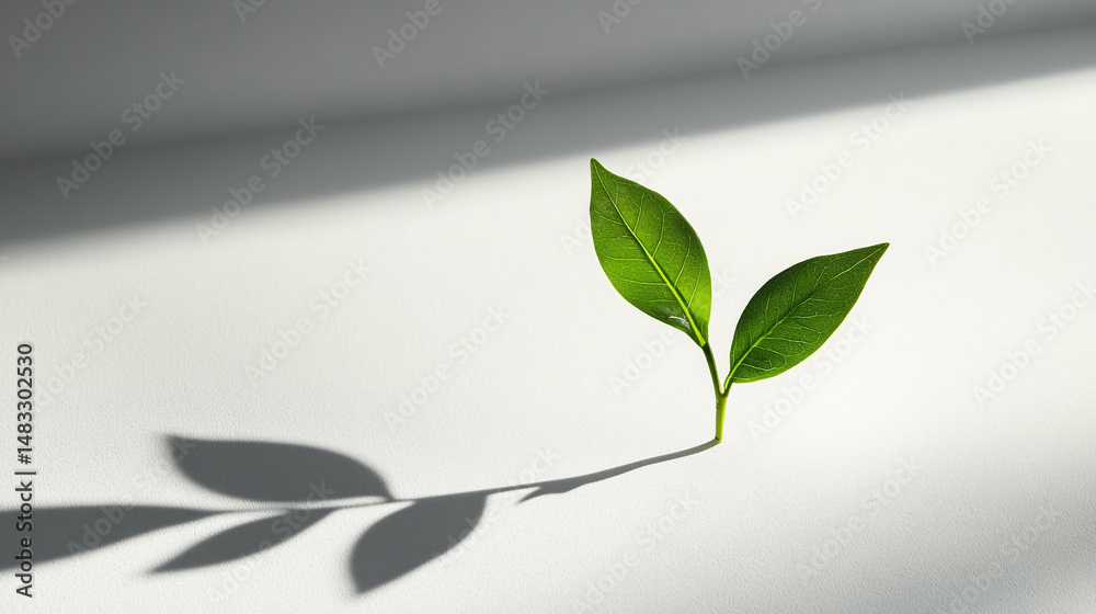 Fototapeta premium Two green leaves sprout in soft light cast.