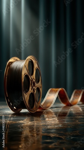 Classic film reel on a polished surface with dramatic lighting creating an artistic ambiance and nostalgic atmosphere
