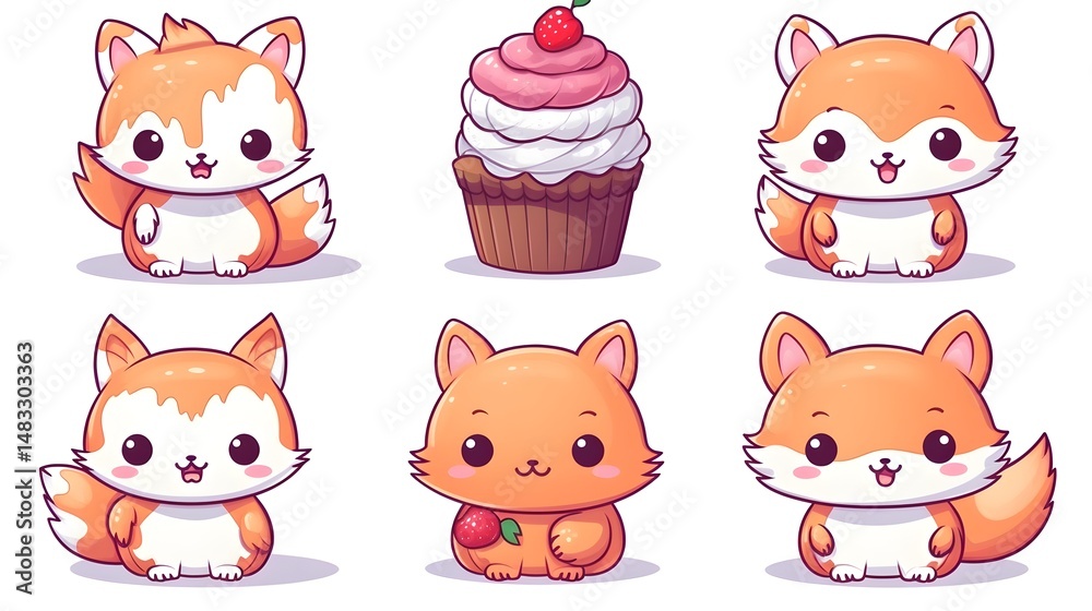 Fototapeta premium Cute and Playful Fox Cartoon with Delicious Desserts Design Vector Illustration