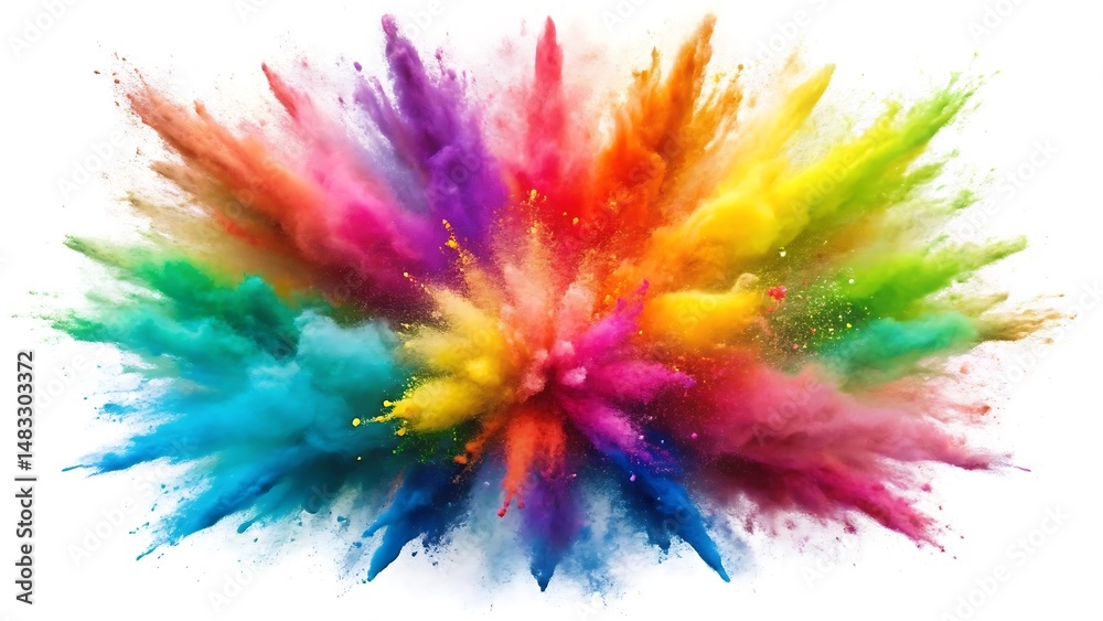 Fototapeta premium Rainbow dust powder explosion. Dynamic blast eruption, vibrant colorful effect, lgbt, party, celebration, festival, color run element isolated on white background