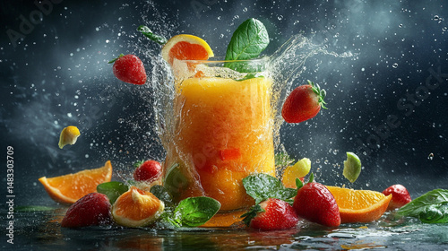 Splashing fruit and juice evoke freshness.