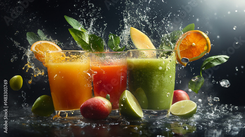 Fresh fruit juices splash on a dark table