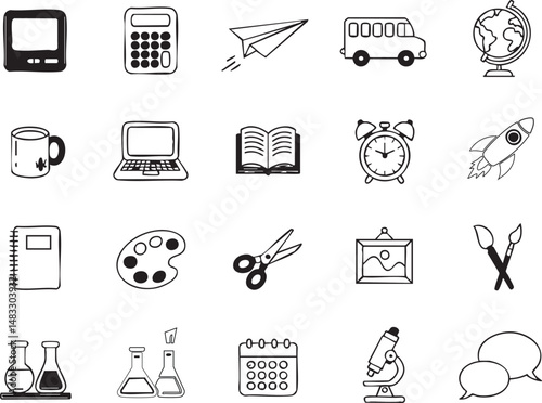 Black and White School Icon Set, perfect for education websites, e-learning platforms, printable classroom materials, teacher resources, student apps, and academic presentations