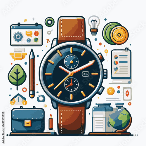 watch, time, clock, hour, isolated, design, business, hand, minute, dial, second, wristwatch, timer, background, illustration, vintage, modern, white, wrist, vector, classic, graphic, concept, closeup
