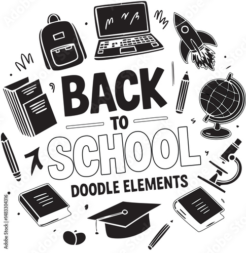Back to school doodle elements in black and white, hand-drawn educational icons for classroom posters, student planners, learning materials, teacher resources, kids printable, 