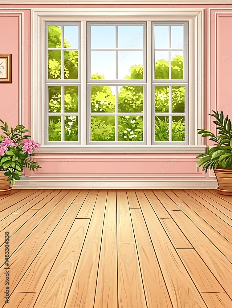 Fototapeta premium Serene interior scene featuring a window overlooking a lush garden view
