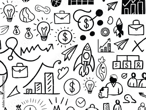 Hand-drawn business and finance doodle icons, sketch-style startup and investment symbols for financial reports, business presentations, marketing materials, economic infographics, growth strategy vis